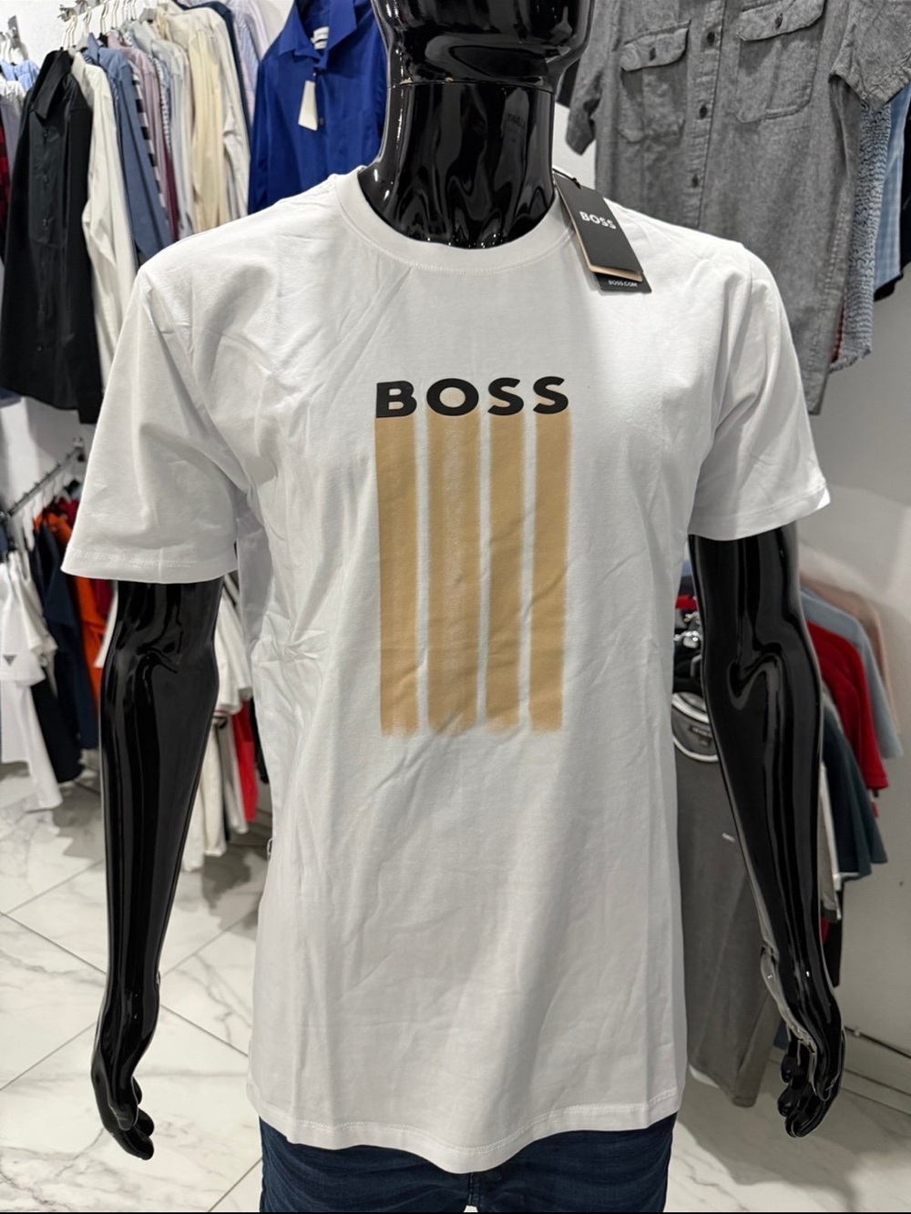 BOSS White Logo T-Shirt with Beige Stripe Graphic size L NWT!!!